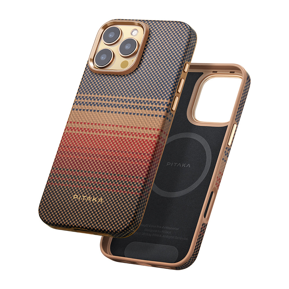 Apple iPhone 16 Pro Max Kılıf M-safe Şarj Özellikli Aramid Fiber Pitaka Military-Grade Sunset-Moonrise Serisi Sunset Kapak Kahverengi