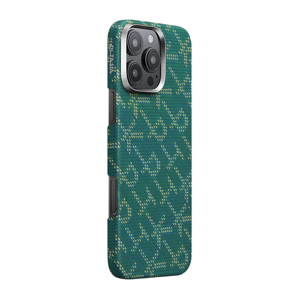 Apple iPhone 16 Pro Max Kılıf M-safe Şarj Özellikli Aramid Fiber Pitaka Tactile Woven Monogram Serisi Kapak Yeşil