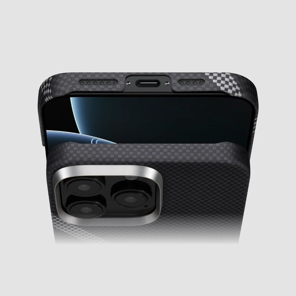 Apple iPhone 16 Pro Max Kılıf M-safe Şarj Özellikli Aramid Fiber Re-TROS Tasarımlı Pitaka Tactile Woven Rebuilding Serisi Kapak Siyah