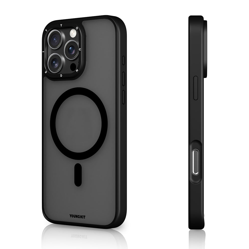 Apple iPhone 16 Pro Max Kılıf M-safe Şarj Özellikli Cam Arka Yüzey TPU Youngkit Gemstone Serisi Kapak Siyah