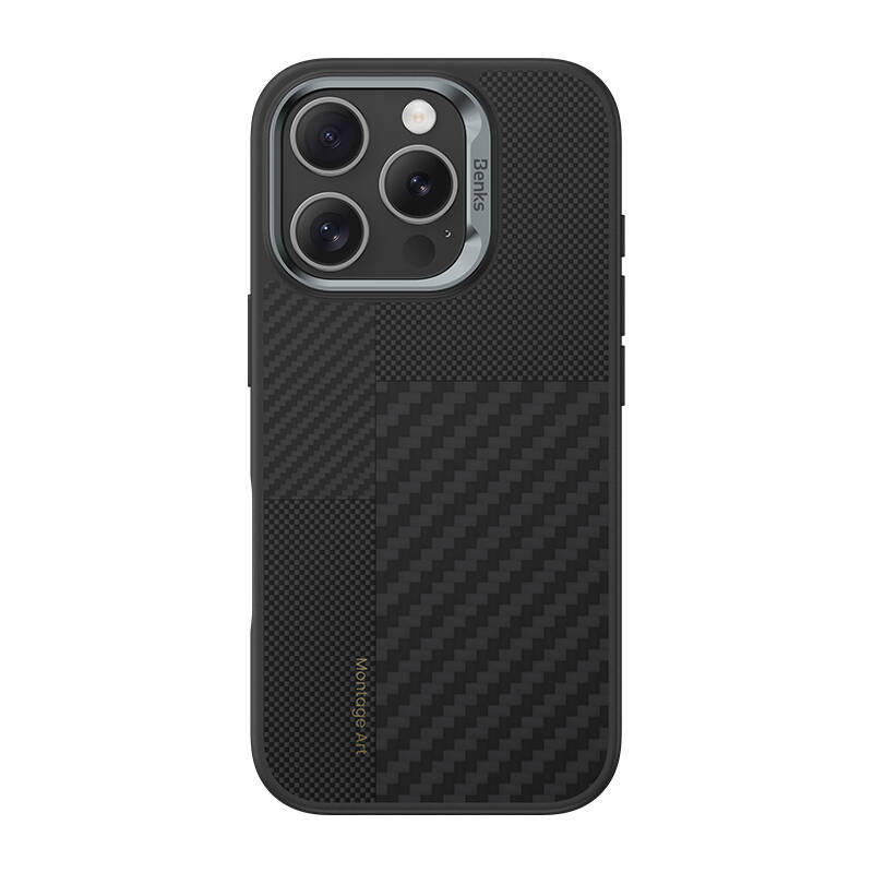 Apple iPhone 16 Pro Max Kılıf M-safe Şarj Özellikli Karbon Fiber Benks Montage Hybrid ArmorPro Kevlar Kapak Siyah