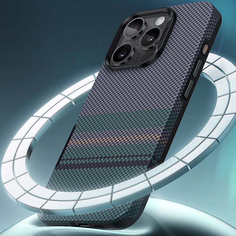 Apple iPhone 16 Pro Max Kılıf M-safe Şarj Özellikli Karbon Fiber Tasarımlı Benks Aurora ArmorPro Kevlar Kapak Siyah