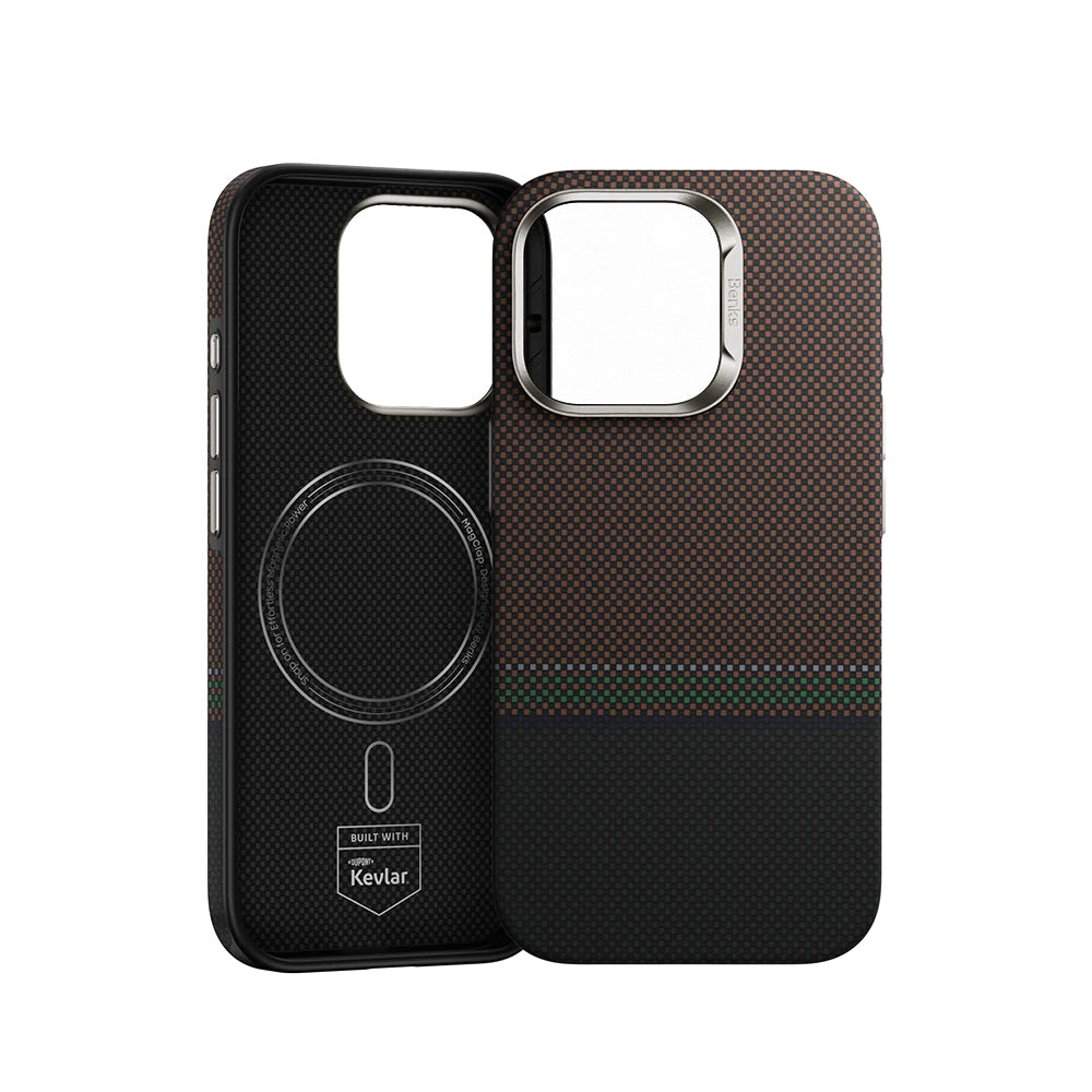 Apple iPhone 16 Pro Max Kılıf M-safe Şarj Özellikli Karbon Fiber Tasarımlı Benks Prestige ArmorPro Kevlar Kapak Gold