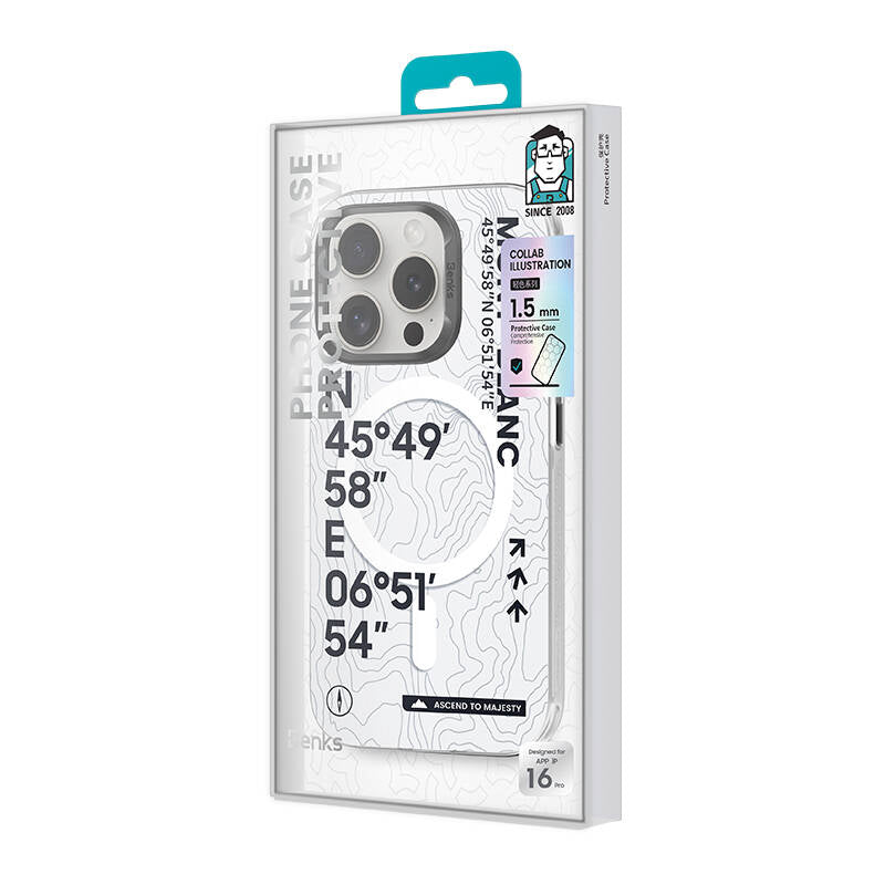 Apple iPhone 16 Pro Max Kılıf M-safe Şarj Özellikli Koordinat Yazı Desenli Benks Summit Serisi Kapak Beyaz