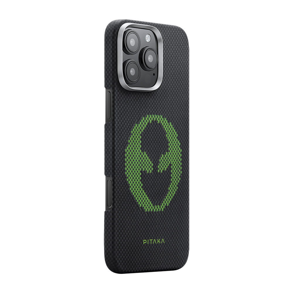 Apple iPhone 16 Pro Max Kılıf M-safe Şarj Özellikli Lumintex Teknolojili Fosforlu Aramid Fiber Pitaka Tactile Woven Aries Serisi Alien Kapak Siyah