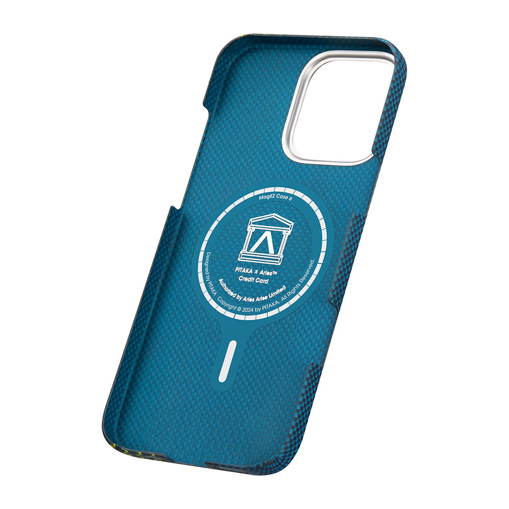 Apple iPhone 16 Pro Max Kılıf M-safe Şarj Özellikli Lumintex Teknolojili Fosforlu Aramid Fiber Pitaka Tactile Woven Aries Serisi Credit Card Kapak Yeşil-Mavi
