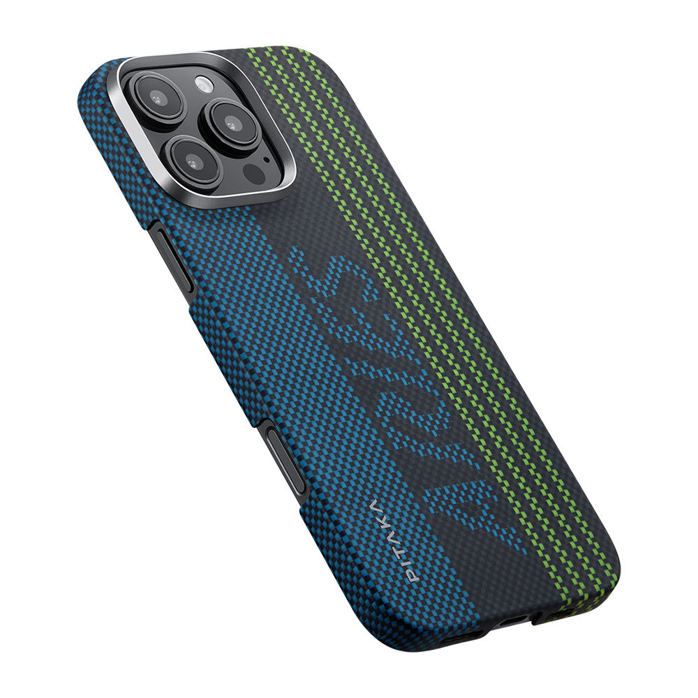 Apple iPhone 16 Pro Max Kılıf M-safe Şarj Özellikli Lumintex Teknolojili Fosforlu Aramid Fiber Pitaka Tactile Woven Aries Serisi Credit Card Kapak Yeşil-Mavi