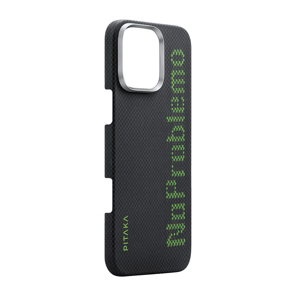 Apple iPhone 16 Pro Max Kılıf M-safe Şarj Özellikli Lumintex Teknolojili Fosforlu Aramid Fiber Pitaka Tactile Woven Aries Serisi NoProblemo Kapak Siyah