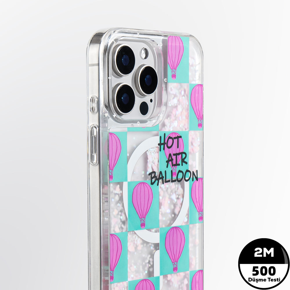 Apple iPhone 16 Pro Max Kılıf M-safe Şarj Özellikli Parlak Kumlu Sıvılı Youngkit Pink Dream Quicksand Serisi Kapak Turkuaz