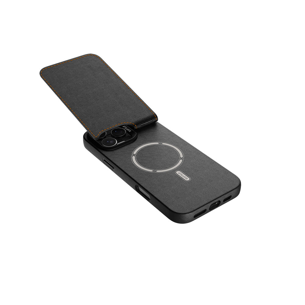 Apple iPhone 16 Pro Max Kılıf M-safe Şarj Özellikli Raptic Slim Wallet Serisi Deri Görünümlü Kartlıklı Standlı Kapak Siyah