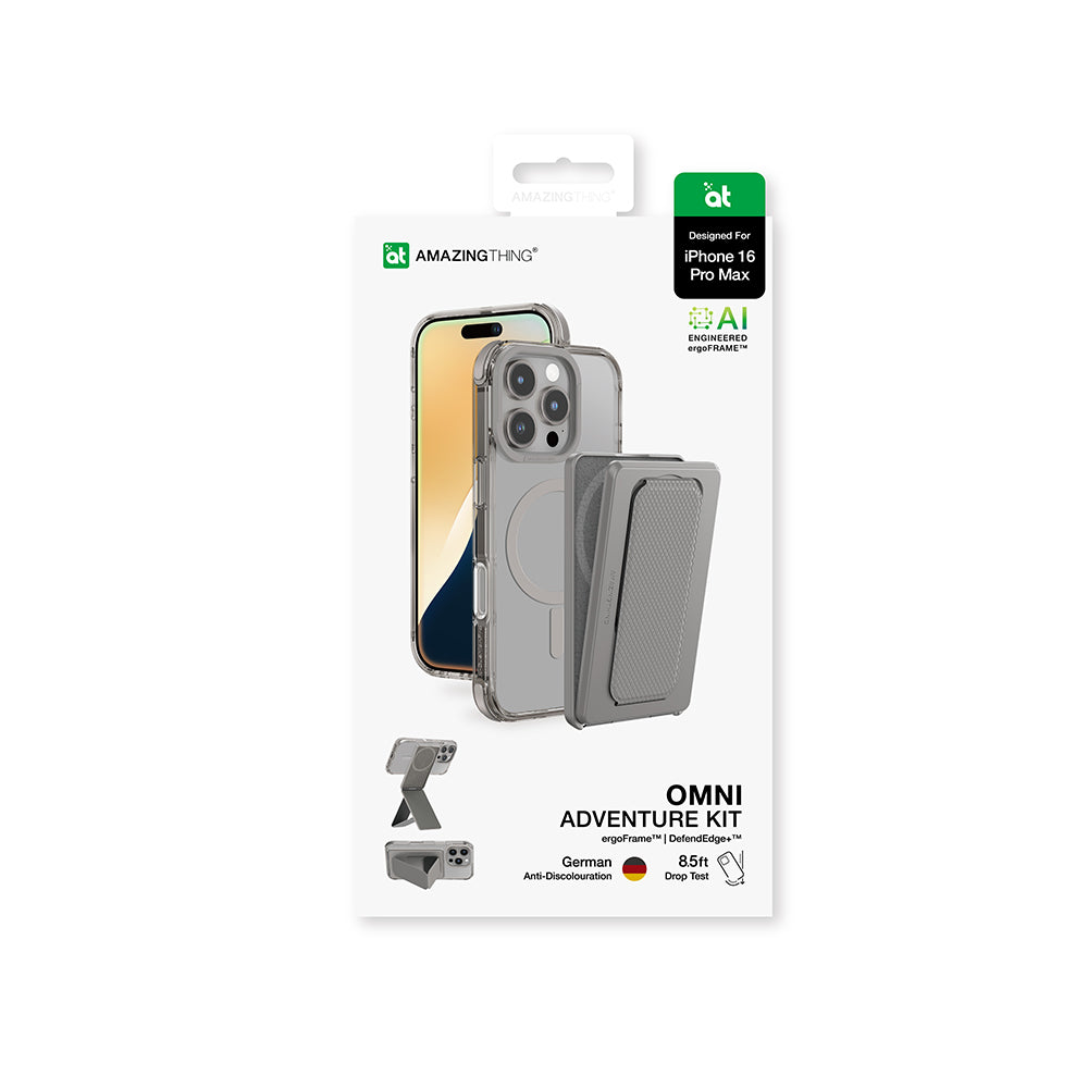 Apple iPhone 16 Pro Max Kılıf M-safe Şarj Özellikli Standlı Set Amazingthing Omni Adventure Serisi Kapak Gri