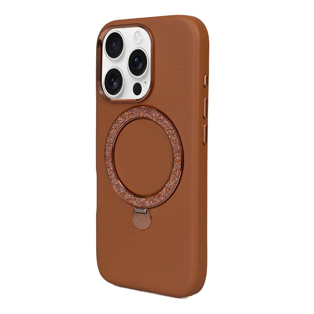 Apple iPhone 16 Pro Max Kılıf M-safe Şarj Özellikli Standlı Suni Deri Tasarımlı Pynana Dancing Circle Serisi Kapak Kahverengi