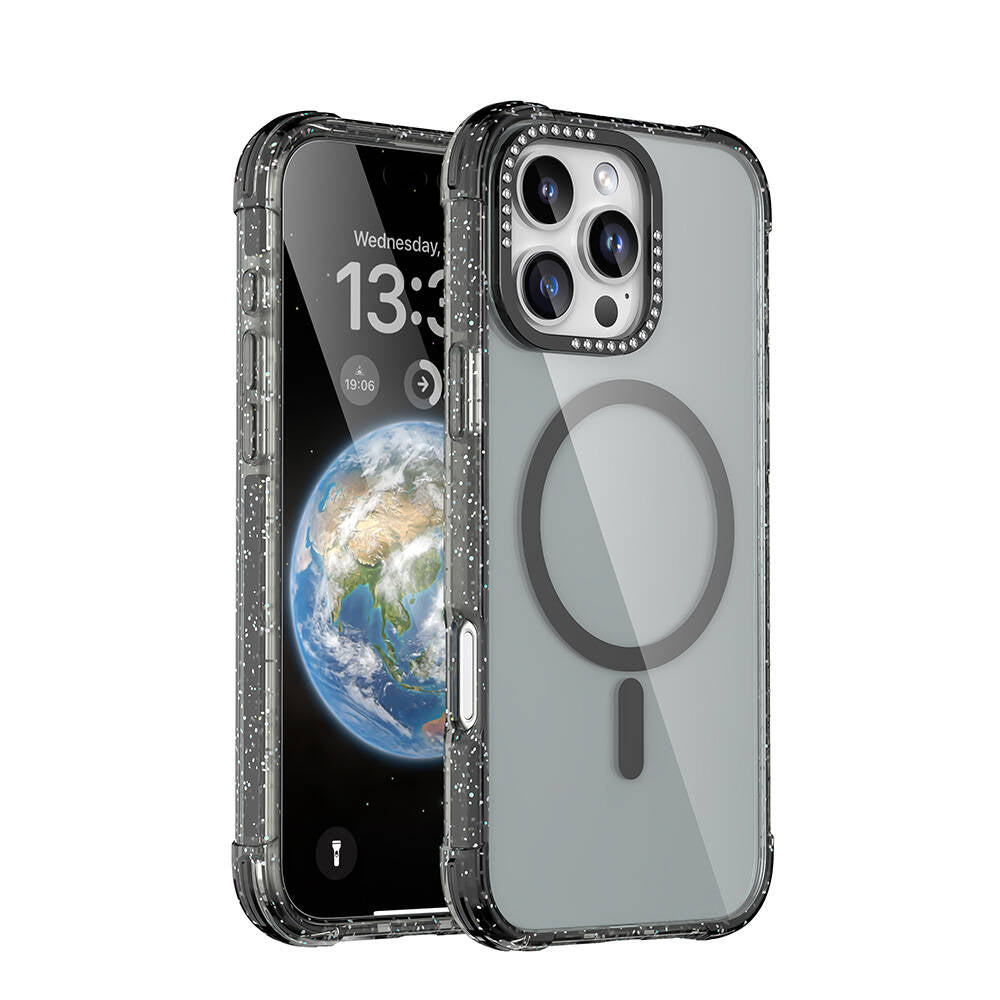 Apple iPhone 16 Pro Max Kılıf M-safe Şarj Özellikli Taşlı ve Simli Tasarım Mutural Blink Kapak Şeffaf