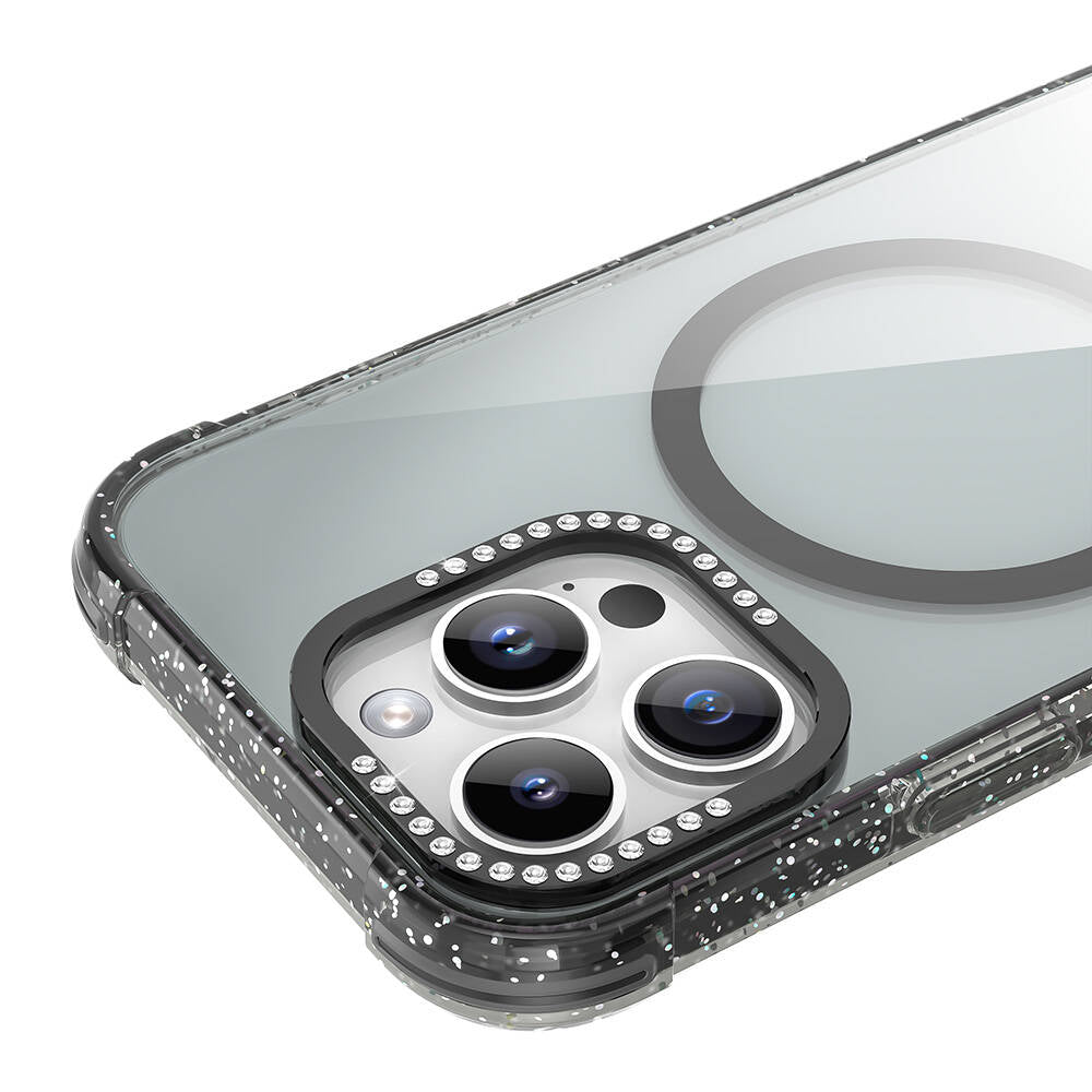 Apple iPhone 16 Pro Max Kılıf M-safe Şarj Özellikli Taşlı ve Simli Tasarım Mutural Blink Kapak Pembe