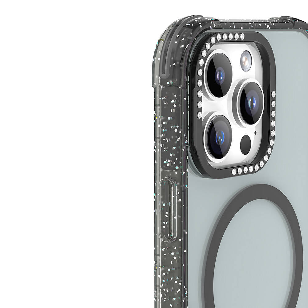 Apple iPhone 16 Pro Max Kılıf M-safe Şarj Özellikli Taşlı ve Simli Tasarım Mutural Blink Kapak Siyah