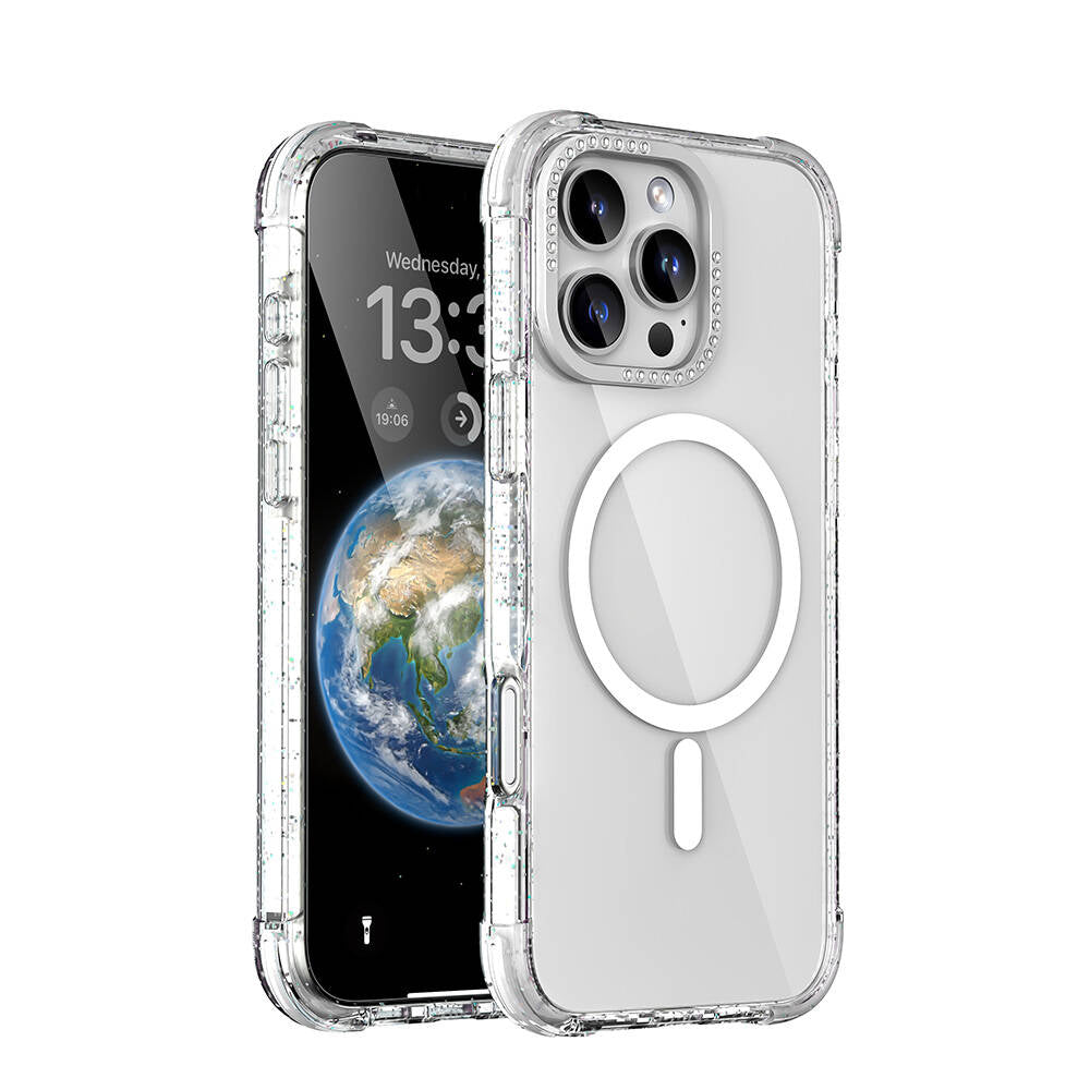 Apple iPhone 16 Pro Max Kılıf M-safe Şarj Özellikli Taşlı ve Simli Tasarım Mutural Blink Kapak Şeffaf