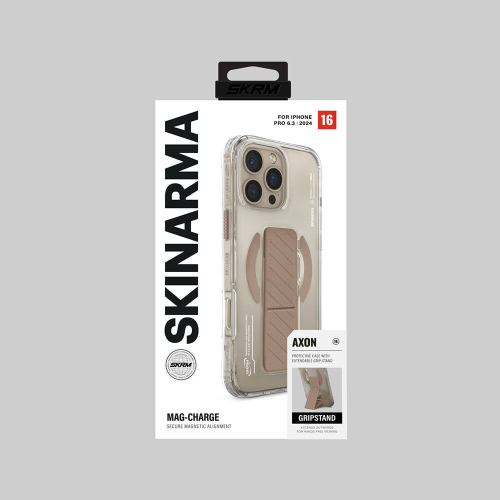 Apple iPhone 16 Pro Max Kılıf M-safe Şarj Özellikli Teknoloji Desenli Standlı Skinarma Axon Kapak Gold