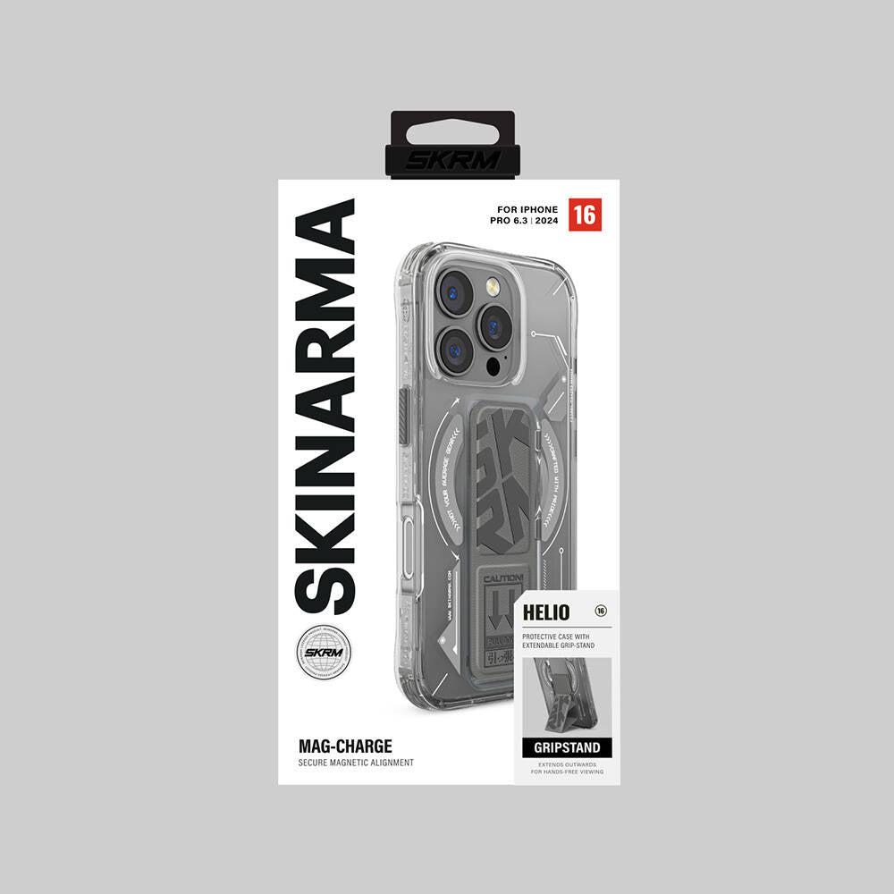 Apple iPhone 16 Pro Max Kılıf M-safe Şarj Özellikli Teknoloji Desenli Standlı Skinarma Helio Kapak Gri