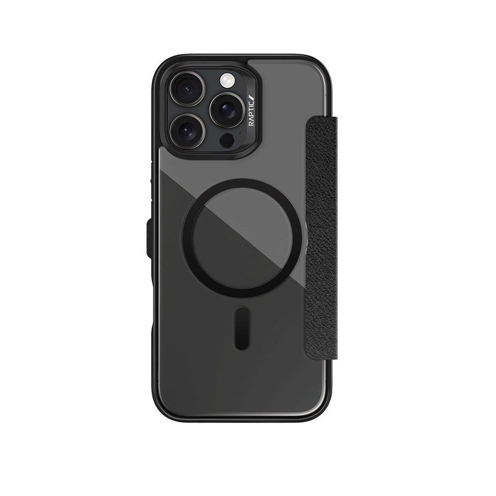 Apple iPhone 16 Pro Max Kılıf M-safe Şarj Özellikli Vegan Deri Tasarımlı Şeffaf Arka Yüzey Kartlıklı Raptic Urban Folio Serisi Kapak Siyah