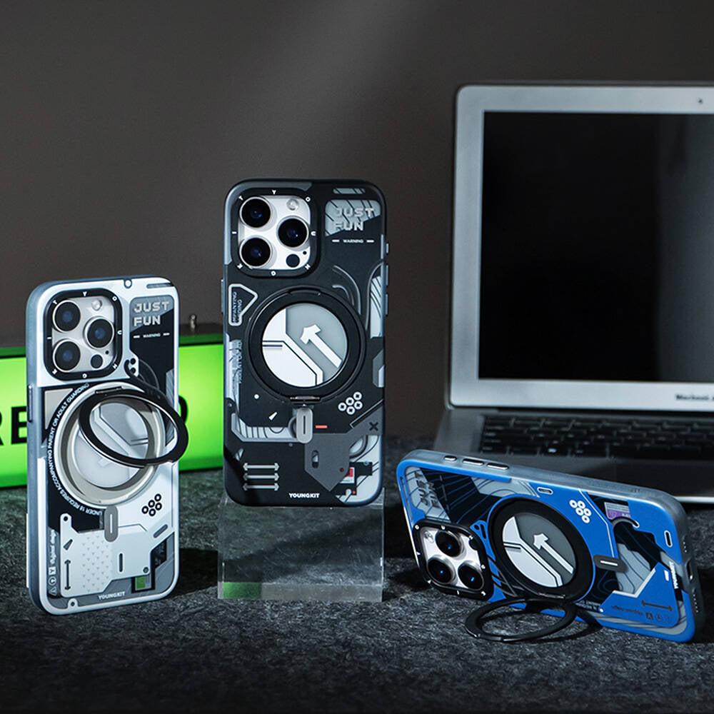 Apple iPhone 16 Pro Max Kılıf M-safe Şarj Özellikli Youngkit 360° Standlı Starship Serisi Kapak Beyaz