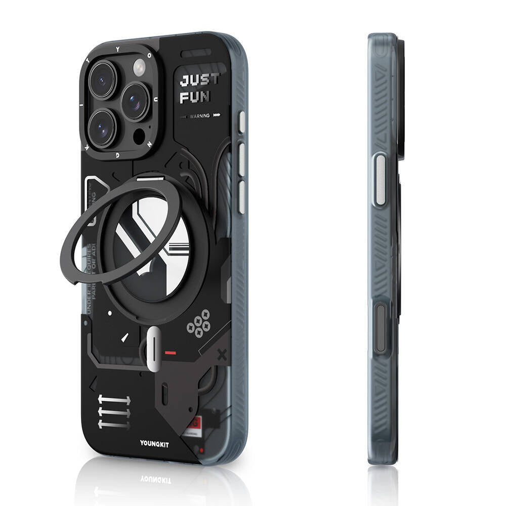 Apple iPhone 16 Pro Max Kılıf M-safe Şarj Özellikli Youngkit 360° Standlı Starship Serisi Kapak Mavi