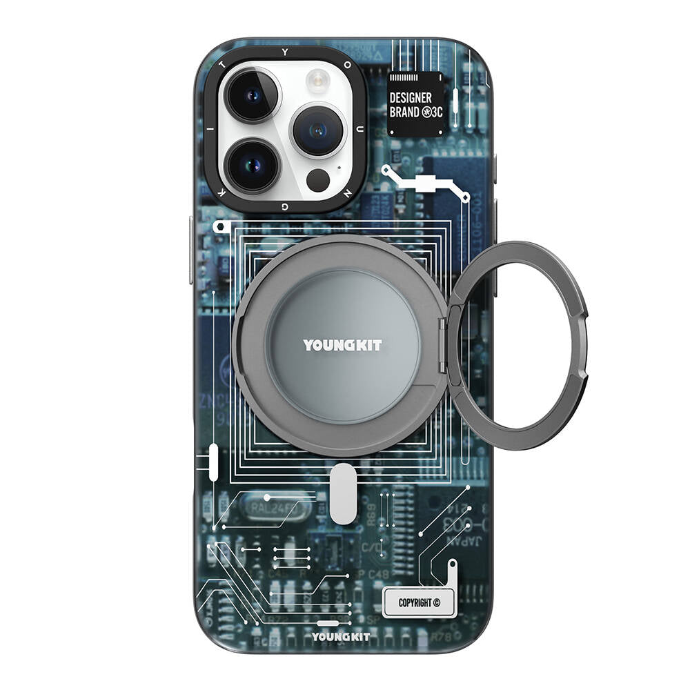 Apple iPhone 16 Pro Max Kılıf M-safe Şarj Özellikli Youngkit 360° Standlı Technology Serisi Kapak Gri