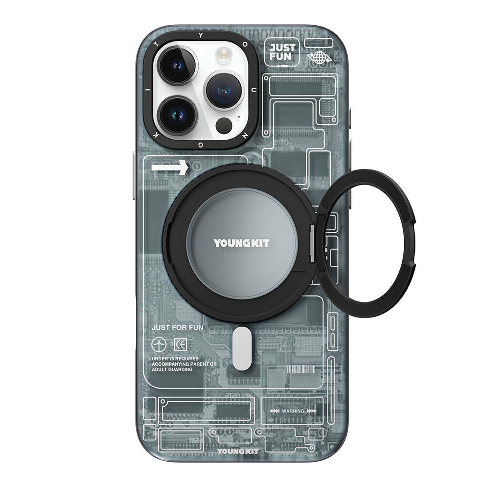 Apple iPhone 16 Pro Max Kılıf M-safe Şarj Özellikli Youngkit 360° Standlı Technology Serisi Kapak Mavi