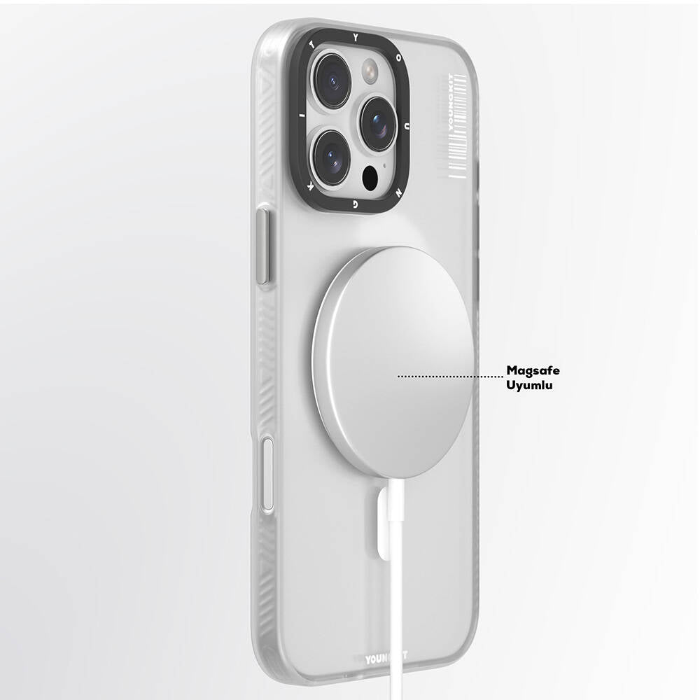 Apple iPhone 16 Pro Max Kılıf M-safe Şarj Özellikli Youngkit Hidden Sand Serisi Kapak Beyaz