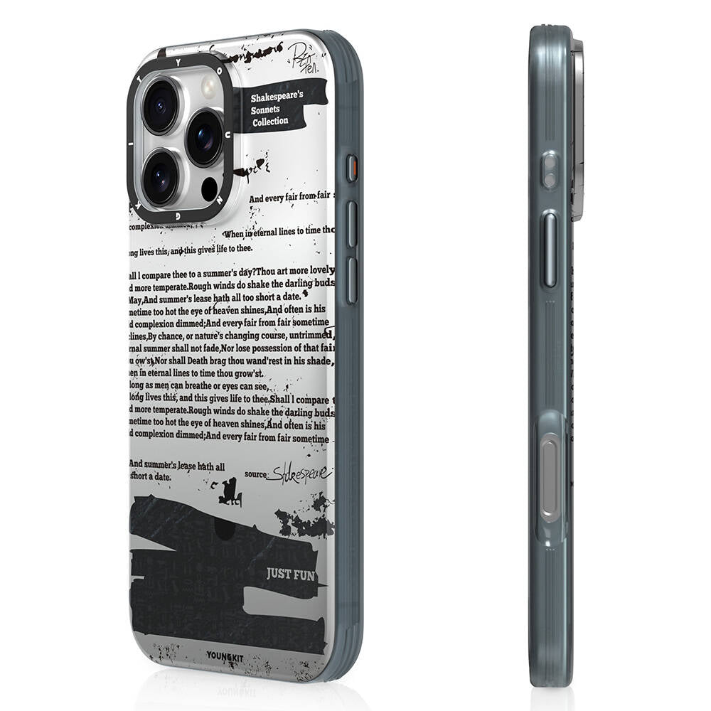 Apple iPhone 16 Pro Max Kılıf M-safe Şarj Özellikli Youngkit Literary Serisi Shakespeare Kapak Gri