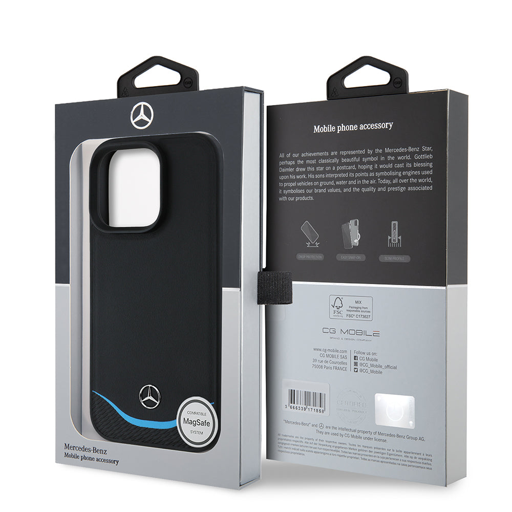 Apple iPhone 16 Pro Max Kılıf Mercedes Benz Orjinal Lisanslı M-safe Şarj Özellikli 3D Metal Logolu Mavi Yatay Eğri Çizgili Deri Kapak Siyah