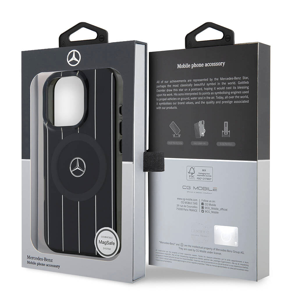 Apple iPhone 16 Pro Max Kılıf Mercedes Benz Orjinal Lisanslı M-safe Şarj Özellikli Çift Katmanlı Paralel Çizgi Desenli Kapak Siyah