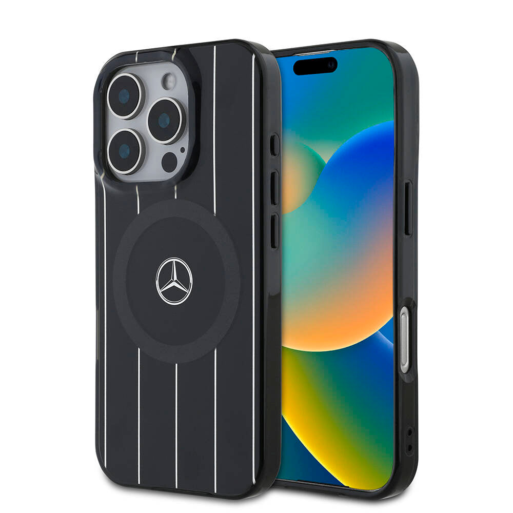 Apple iPhone 16 Pro Max Kılıf Mercedes Benz Orjinal Lisanslı M-safe Şarj Özellikli Çift Katmanlı Paralel Çizgi Desenli Kapak Siyah