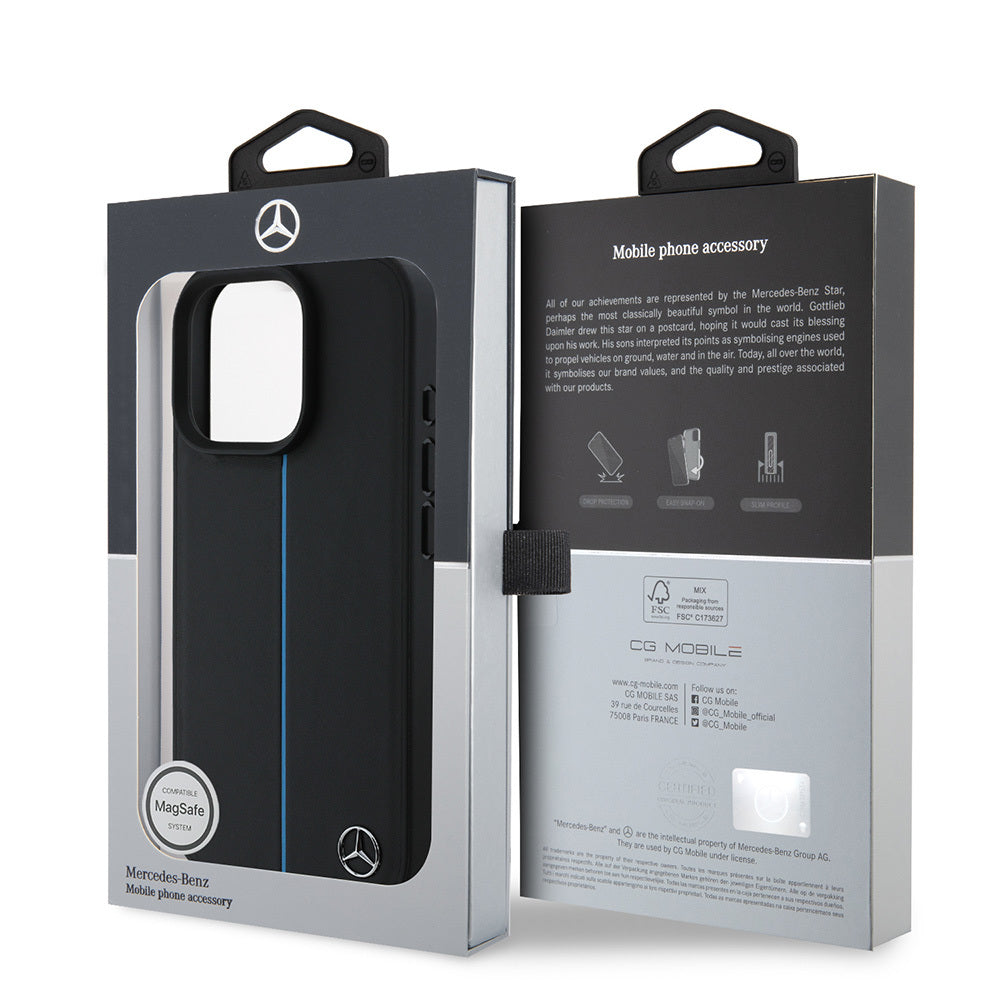 Apple iPhone 16 Pro Max Kılıf Mercedes Benz Orjinal Lisanslı M-safe Şarj Özellikli Metal Yıldız Logolu Mavi Çizgili Deri Kapak Siyah