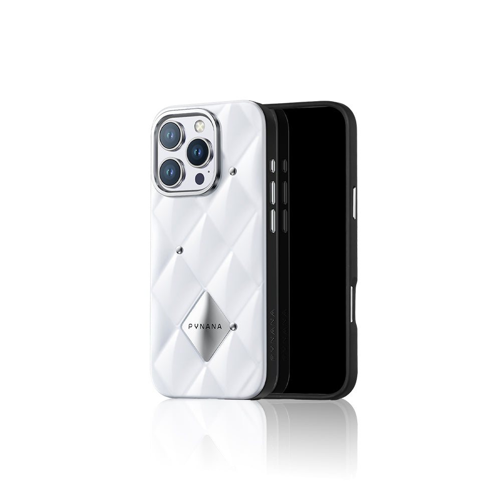 Apple iPhone 16 Pro Max Kılıf Parlak Arka Yüzeyli Kabartma Tasarımlı Kapitone Pynana Metal Diamond Serisi Kapak Siyah