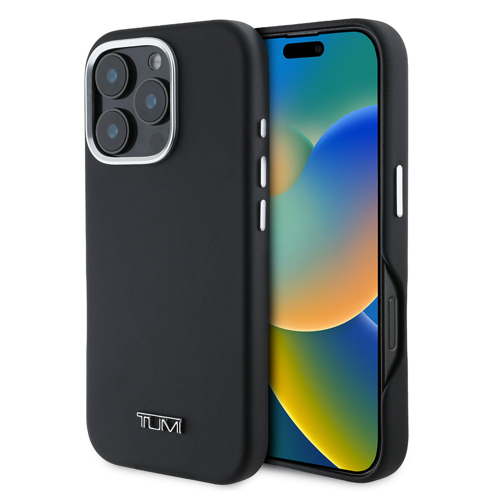 Apple iPhone 16 Pro Max Kılıf TUMI Orjinal Lisanslı M-safe Şarj Özellikli Metal Yazı Logolu PU Deri Kapak Siyah