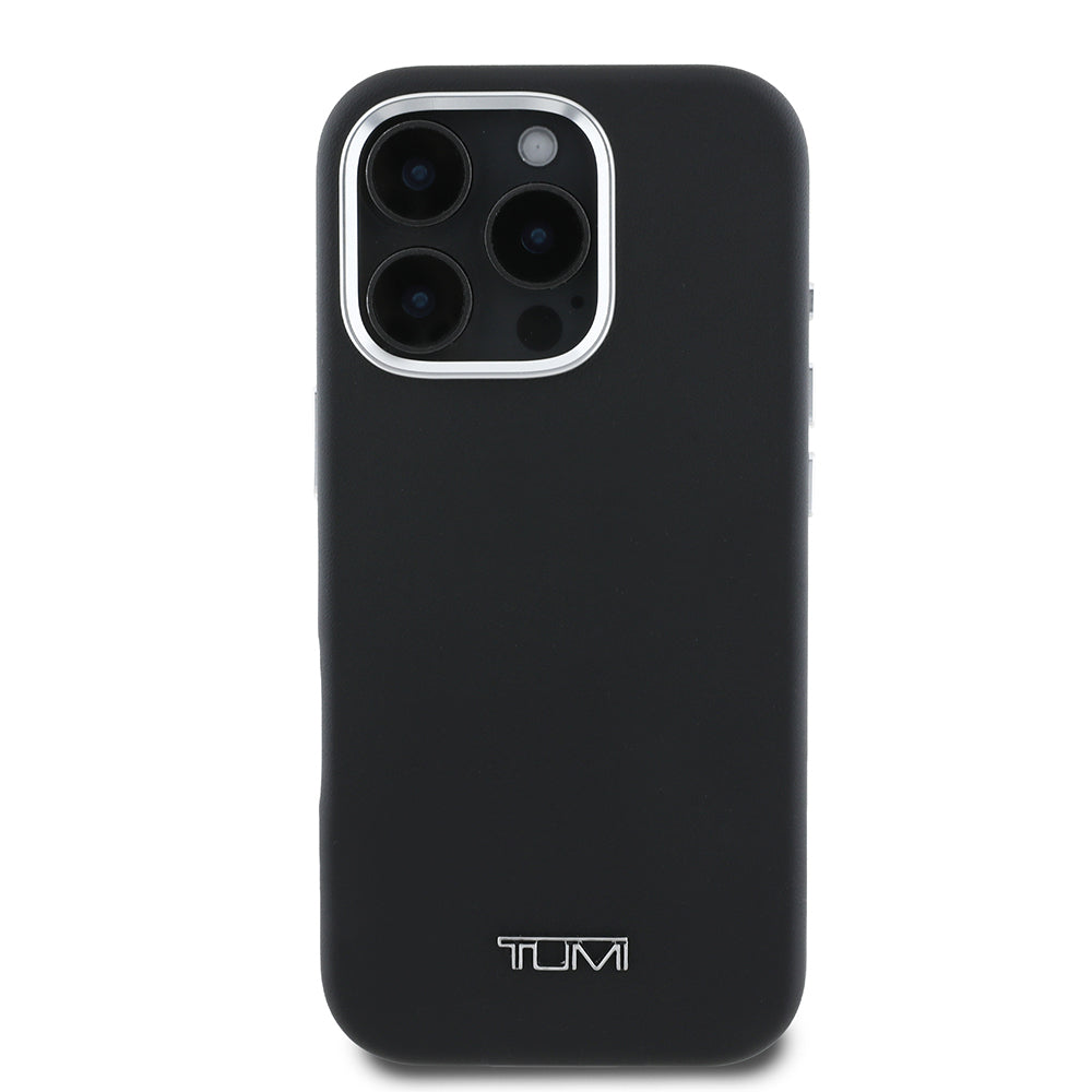 Apple iPhone 16 Pro Max Kılıf TUMI Orjinal Lisanslı M-safe Şarj Özellikli Metal Yazı Logolu PU Deri Kapak Siyah