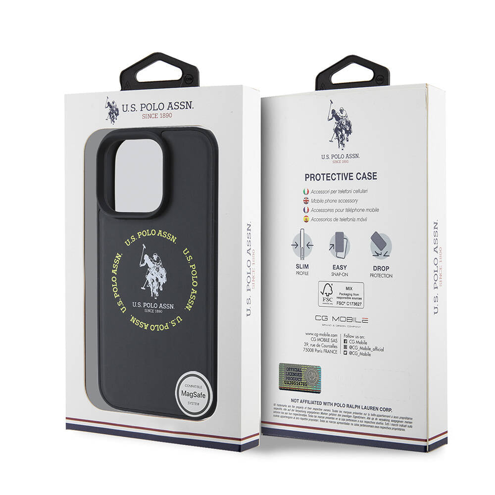 Apple iPhone 16 Pro Max Kılıf U.S. Polo Assn. Orjinal Lisanslı M-safe Şarj Özellikli Circle ve Double Horse Logolu Deri Kapak Siyah
