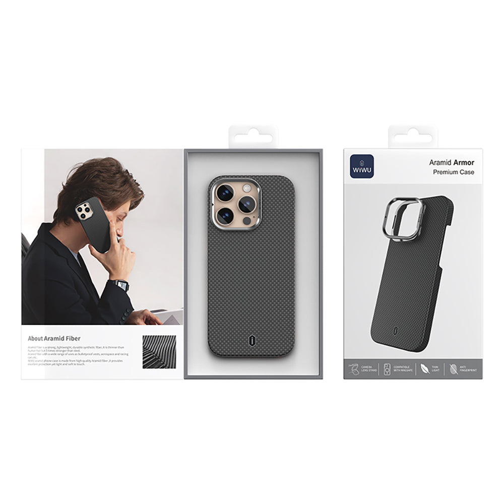 Apple iPhone 16 Pro Max Kılıf Wiwu DCC-208 M-safe Şarj Özellikli Kamera Standlı Aramid Fiber Tasarım Kevlar Kapak Siyah