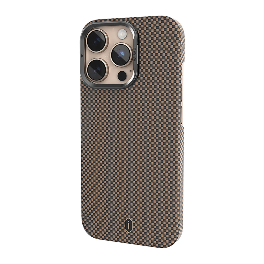 Apple iPhone 16 Pro Max Kılıf Wiwu DCC-208 M-safe Şarj Özellikli Kamera Standlı Aramid Fiber Tasarım Kevlar Kapak Siyah