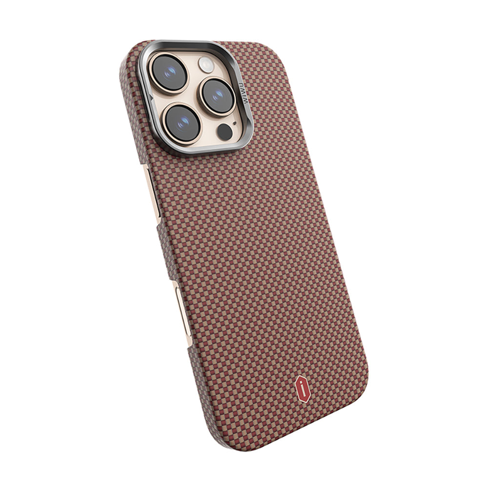 Apple iPhone 16 Pro Max Kılıf Wiwu DCC-208 M-safe Şarj Özellikli Kamera Standlı Aramid Fiber Tasarım Kevlar Kapak Gold