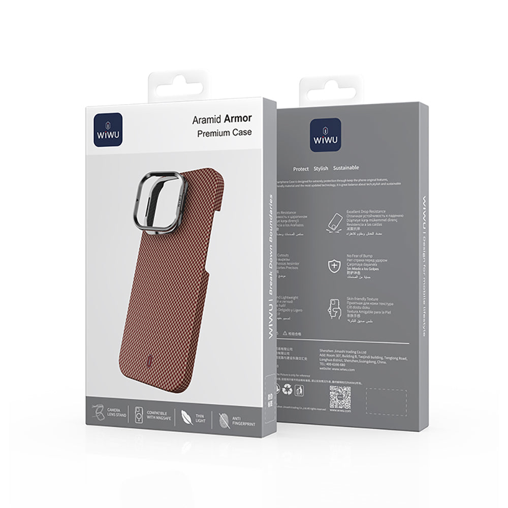 Apple iPhone 16 Pro Max Kılıf Wiwu DCC-208 M-safe Şarj Özellikli Kamera Standlı Aramid Fiber Tasarım Kevlar Kapak Gold