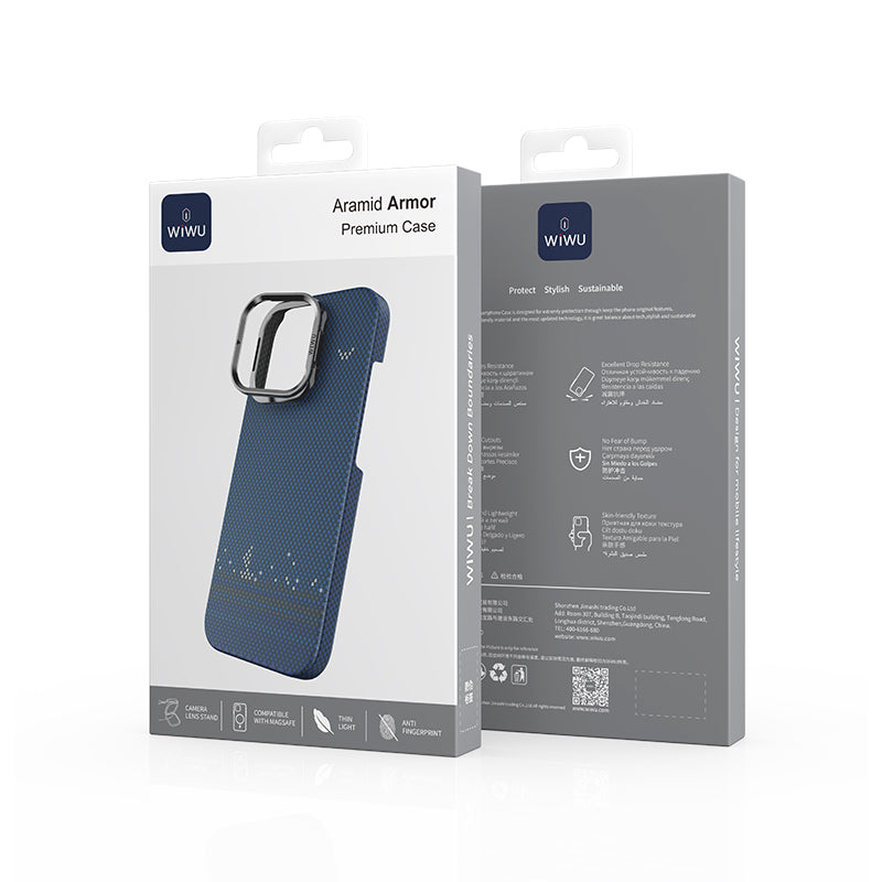 Apple iPhone 16 Pro Max Kılıf Wiwu DCC-209 M-safe Şarj Özellikli Kamera Standlı Aramid Fiber Tasarım Kevlar Kapak Mavi