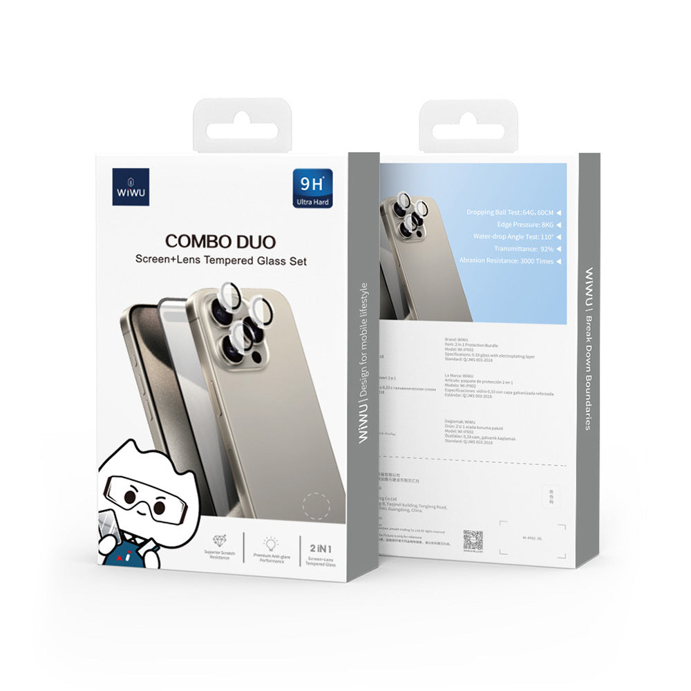 Apple iPhone 16 Pro Max Wiwu Wi-IP002 2in1 Temperli Cam Ahize Toz Önleyici Ekran Koruyucu ve Kamera Lens Koruyucu Set Şeffaf