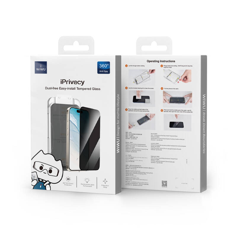 Apple iPhone 16 Wiwu Wi-SQ009 Easy Install iPrivacy 360° Anti-Peep Oleofobik Temperli Cam Ekran Koruyucu + Kolay Uygulama Aparatlı Siyah