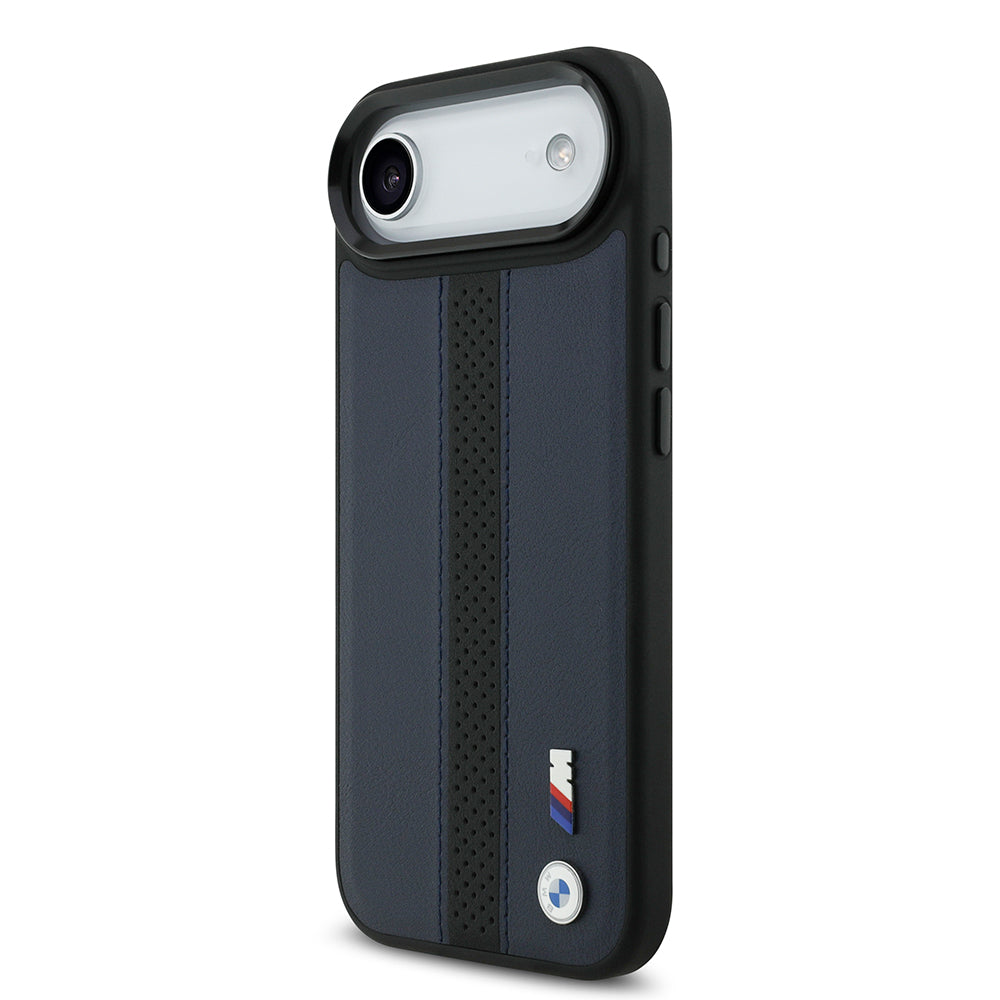 Apple iPhone 17 Air Kılıf BMW Orjinal Lisanslı M-safe Şarj Özellikli Deri Arka Yüzey Metal Logolu Delikli Şerit Tasarımlı Kapak  Lacivert