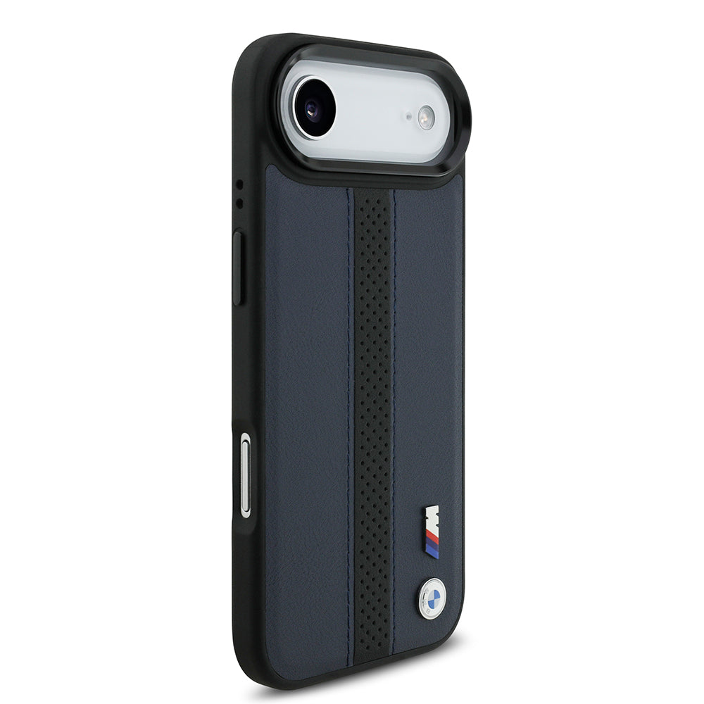 Apple iPhone 17 Air Kılıf BMW Orjinal Lisanslı M-safe Şarj Özellikli Deri Arka Yüzey Metal Logolu Delikli Şerit Tasarımlı Kapak  Mavi