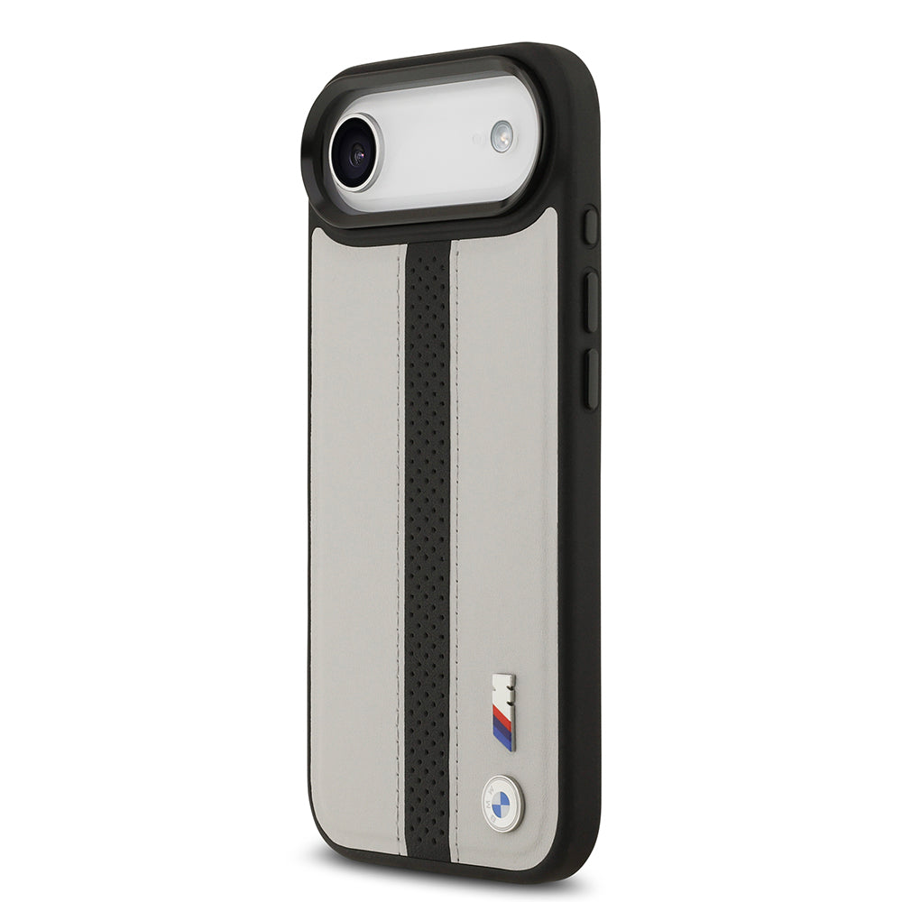 Apple iPhone 17 Air Kılıf BMW Orjinal Lisanslı M-safe Şarj Özellikli Deri Arka Yüzey Metal Logolu Delikli Şerit Tasarımlı Kapak  Gri