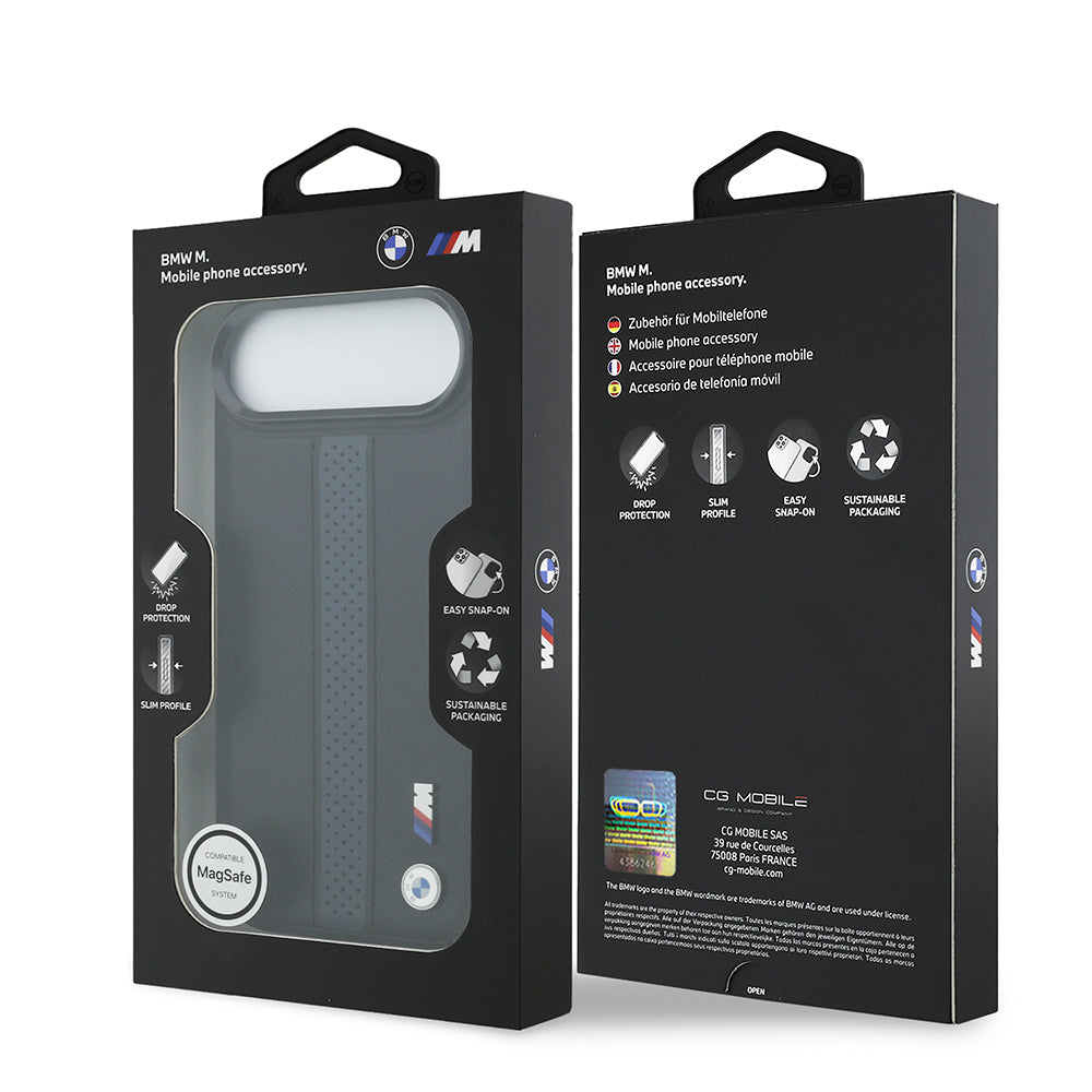 Apple iPhone 17 Air Kılıf BMW Orjinal Lisanslı M-safe Şarj Özellikli Deri Arka Yüzey Metal Logolu Delikli Şerit Tasarımlı Kapak  Lacivert