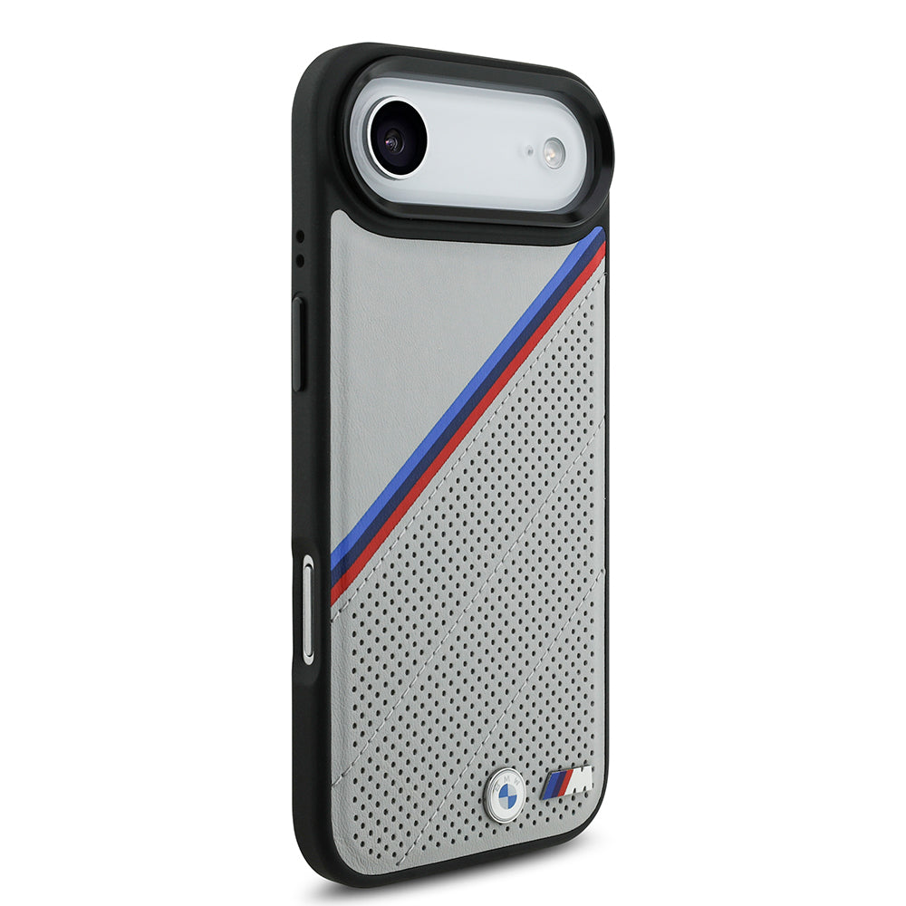 Apple iPhone 17 Air Kılıf BMW Orjinal Lisanslı M-safe Şarj Özellikli M Logolu Üç Şeritli Delikli Deri Kapak Siyah