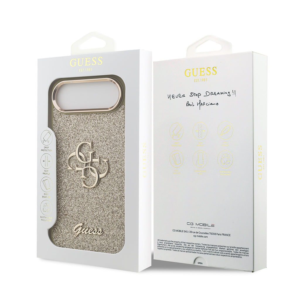 Apple iPhone 17 Air Kılıf Guess Orjinal Lisanslı 4G Büyük Metal Kamera Çerçeveli ve Logolu Glitter Kapak Gri